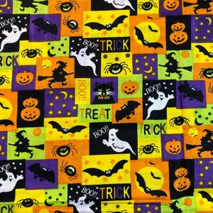Halloween Fabric, Trick or Treat, 100%Cotton Fabric, Sewing, quilting fabric, Bat, Witch, pumpkin, spider, black cat