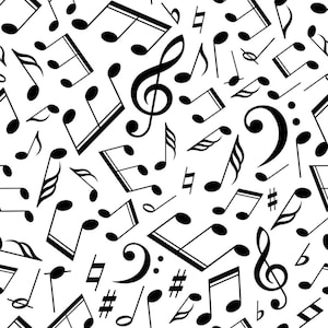 Puede incluir: Un patrón en blanco y negro de símbolos musicales, incluyendo claves de sol, claves de fa y varias notas. Los símbolos están dispersos sobre un fondo blanco, creando un tema musical.