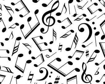 Tela con notas musicales en blanco y negro, 100 % algodón, MDG