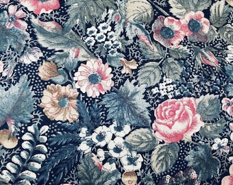 Tessuto floreale vintage blu Concord Joan Kessler, tessuto floreale vintage, tessuto da cucito, quilting, tessuto blu vintage, floreale OOP, floreale rosa