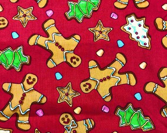 Tessuto per biscotti di Natale, pan di zenzero su tessuto rosso, tessuto 100% cotone, cucito, trapuntatura, tessuto natalizio, tessuto per pan di zenzero, festività