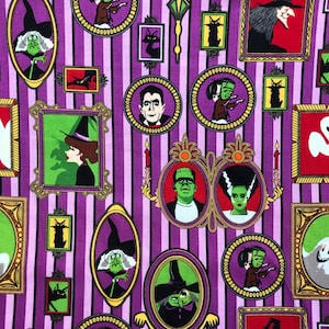 Riley Blake Halloween Fabric, Haunted House Fabric, 100% Cotton Fabric, sewing fabric, quilting, Witch fabric, purple halloween, striped