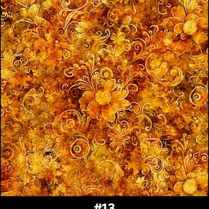 May include: Dark golden fabric with a floral pattern. The design features stylized flowers and swirling vines in shades of gold and brown. The text "#13 Dark Golden" is at the bottom.