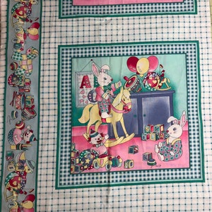 Vintage Nursery Collection, Bunny&#39;s Cushion Panel, Fabric Panel,  100% Cotton fabric, Sewing, quilting fabric, Double Border, Rose & Hubble