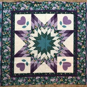 Vintage Purple Star Quilt Panel, 100% cotton, Sewing, quilting, OOP fabric, purple floral, green floral