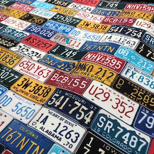 Könnte beinhalten: Stoff mit einer Collage aus farbenfrohen Nummernschildern aus verschiedenen US-Bundesstaaten. Die Schilder zeigen eine Vielzahl von Farben, Zahlen und Staatsnamen und bilden ein lebendiges Muster.