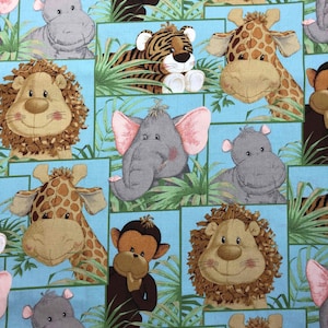 Jungle Baby Patchwork Fabric, 100% Cotton, sewing, quilting fabric, nursery fabric, Children&#39;s Fabric, elephant, lion, giraffe, monkey