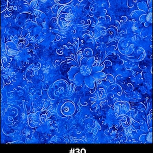 May include: A fabric with a vibrant electric blue background, featuring a repeating pattern of stylized white floral and swirling vine designs. The text "#30 Medium Electric Blue" is displayed at the bottom.