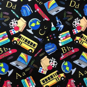 School Supply Toss, Back to School Fabric, 100% Cotton, teacher fabric, quilting fabric, Sewing, Fabric Traditions, school bus, school days