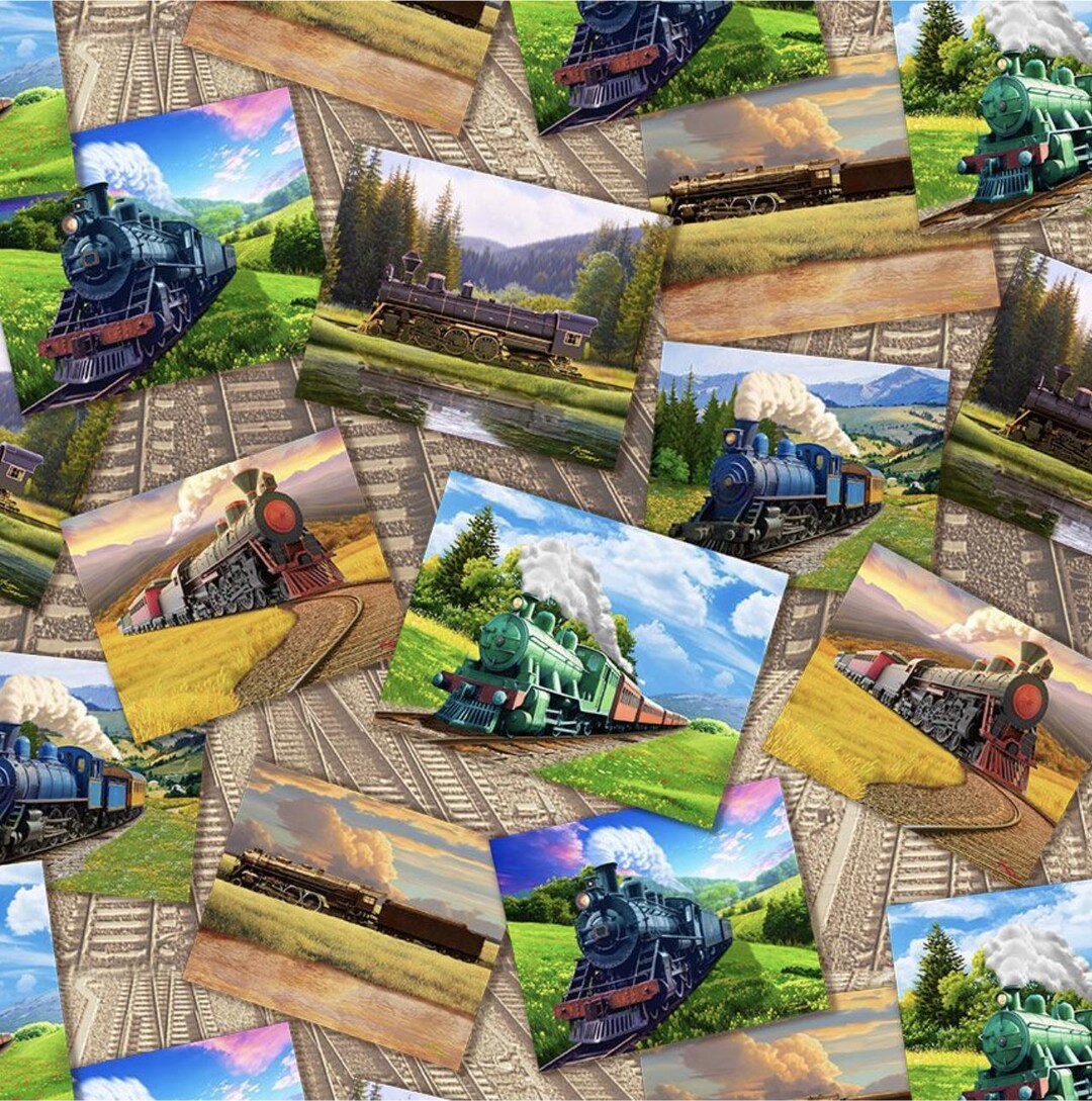 Timeless Treasures, Trains Postcard and Track, Train Fabric, Sewing ...