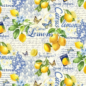 May include: A patterned fabric featuring lemons, butterflies, and floral elements. The design includes the words "Citrus Lemons" and "Lemon Orchard" in a vintage style, with a blue and yellow color scheme.