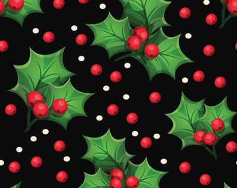 Christmas Holly, 100%Cotton Fabric,  Sewing, quilting fabric, fabric by the yard, Christmas fabric, Black Christmas fabric, Holly Berries