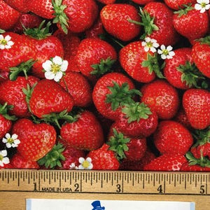 May include: Close-up of a fabric with a red strawberry print. The fabric is measured with a ruler, showing a length of 5 inches. The fabric has a label that says "Blue Snowman Fabrics".
