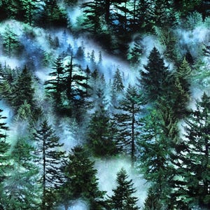 Könnte beinhalten: Eine dichte Waldszene mit hohen, immergrünen Bäumen in Grün- und Schwarztönen, umhüllt von einem nebligen, blauen Nebel. Die Bäume variieren in Größe und Form und erzeugen einen strukturierten, geschichteten Effekt. Der Gesamteindruck ist ein kühler, atmosphärischer Wald.