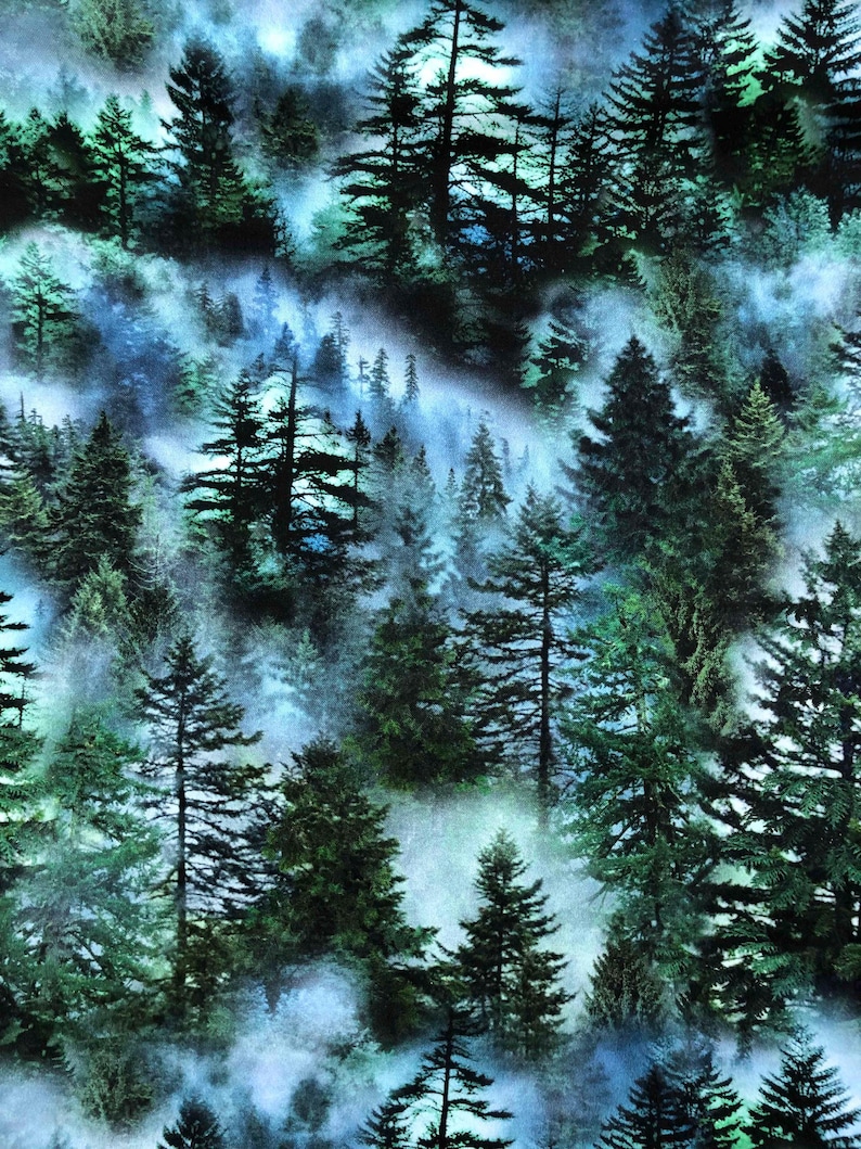 Op de afbeelding: Een dichte bossc&egrave;ne met hoge, groenblijvende bomen in tinten groen en zwart, gehuld in een mistige blauwe mist. De bomen vari&euml;ren in grootte en vorm, waardoor een gestructureerd, gelaagd effect ontstaat. De algemene indruk is van een koel, atmosferisch bos.