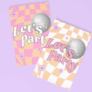 Invitation d’anniversaire rétro | Invitation imprimable | Téléchargement instantané | Numérique | Rose | Orange | Chèques | À carreaux | Thème des années 70 | Disco