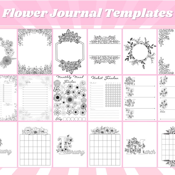 Floral Flower Printable Journal Template Bundle / Flower Title Pages / Mood Tracker Habit Trackers / Bujo Starter Kit / Planner