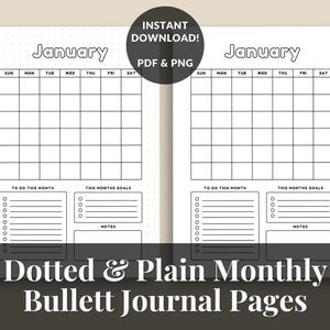 Può includere: Due pagine stampabili del diario di gennaio. Ogni pagina presenta una griglia del calendario mensile, una sezione per gli obiettivi e un elenco di cose da fare. Le pagine sono disponibili in PDF e PNG.