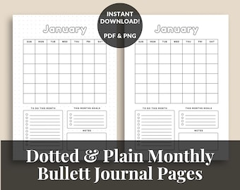 May include: Two printable January bullet journal pages. Each page features a monthly calendar grid, a section for goals, and a to-do list. The pages are available as PDF and PNG files.