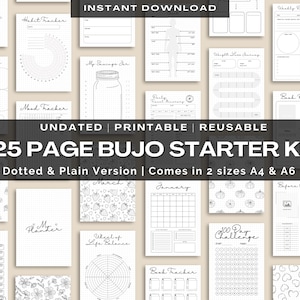 May include: A collection of printable bullet journal pages, including habit trackers, mood trackers, and weekly planners. The pages are undated and reusable, with a dotted and plain version. The kit includes 125 pages and comes in A4 and A6 sizes.