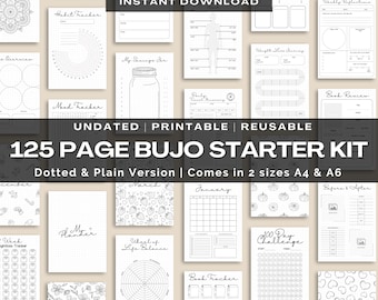 May include: A collection of printable bullet journal pages, including habit trackers, mood trackers, and weekly planners. The pages are undated and reusable, with a dotted and plain version. The kit includes 125 pages and comes in A4 and A6 sizes.