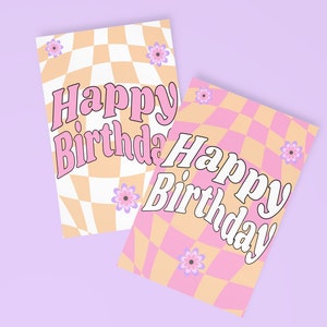 レトロな誕生日カード | 印刷可能な誕生日カード | すぐにダウンロード | デジタル誕生日カード | ピンク | オレンジ | チェック | チェック柄 | 70年代テーマ