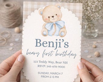 Teddybär erster Geburtstagseinladung, Ginghambär-Party einladen (bearbeitbare Canva-Vorlage)
