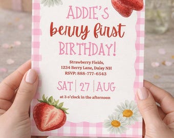 Beere erste Geburtstagseinladung, Erdbeer-Gänseblümchen-Gingham-Party (bearbeitbare Canva-Vorlage)