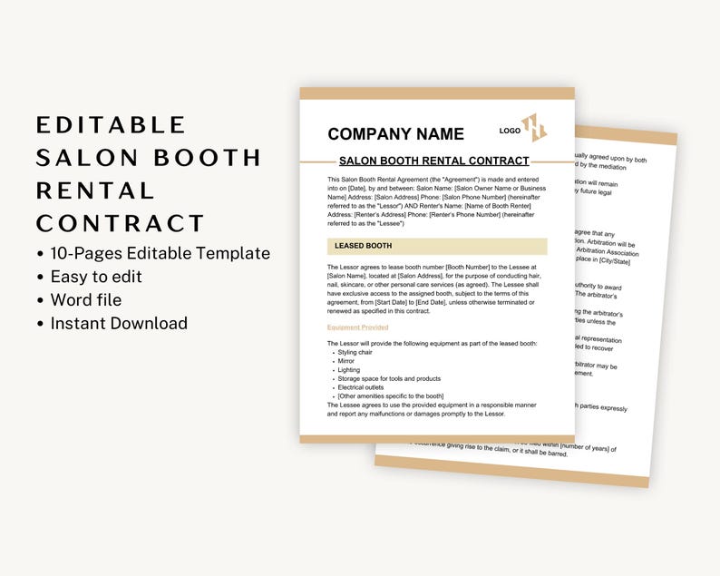 Salon Booth Rental Contract Template | Editable Lease (digital Download ...
