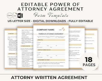 Puede incluir: Una plantilla de formulario descargable digitalmente para un acuerdo de poder notarial. El diseño incluye el texto "EDITABLE POWER OF ATTORNEY AGREEMENT" y "US LETTER SIZE - DIGITAL DOWNLOADS - FULLY EDITABLE". La imagen muestra varias páginas del formulario.