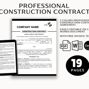 Modelo de contrato de construcción / Contrato de renovación, Servicio de limpieza, Formulario de contratista / Descarga digital / Factura de mejoras del hogar