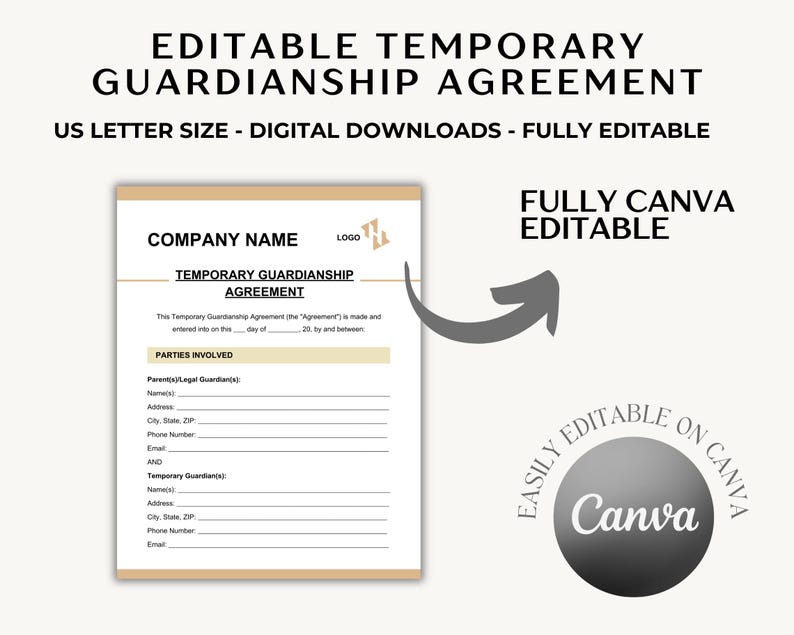 Editable Temporary Guardianship Agreement Template | Canva, PDF, Word ...