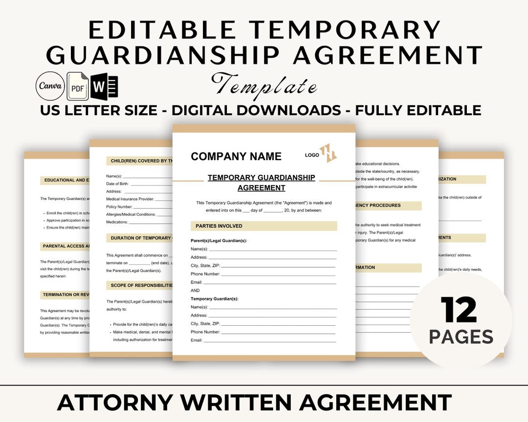 Editable Temporary Guardianship Agreement Template | Canva, PDF, Word ...