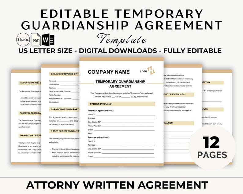 Editable Temporary Guardianship Agreement Template | Canva, PDF, Word ...