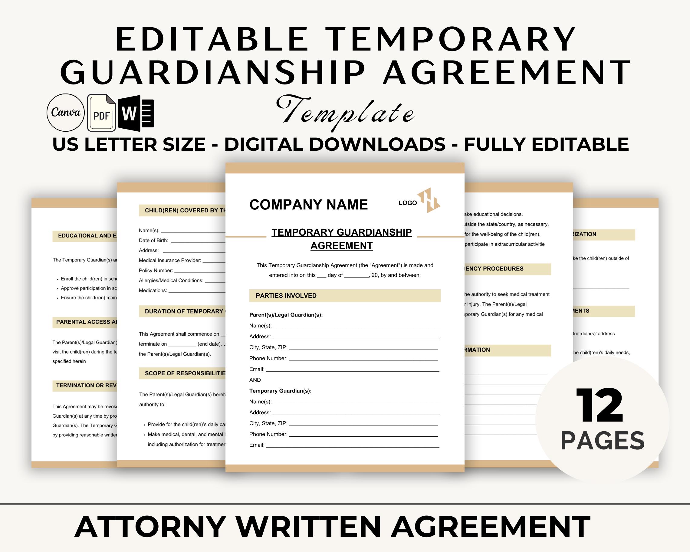 Editable Temporary Guardianship Agreement Template | Canva, PDF, Word ...