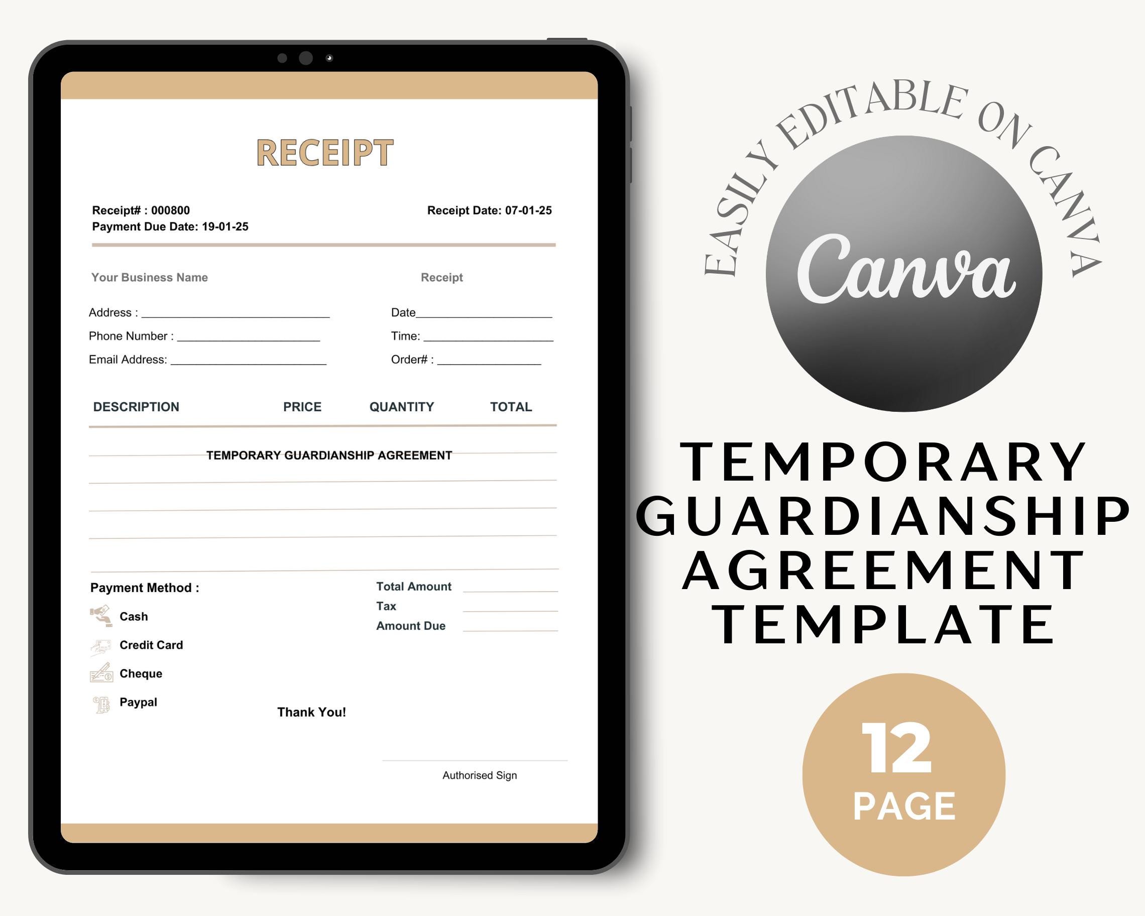 Editable Temporary Guardianship Agreement Template | Canva, PDF, Word ...