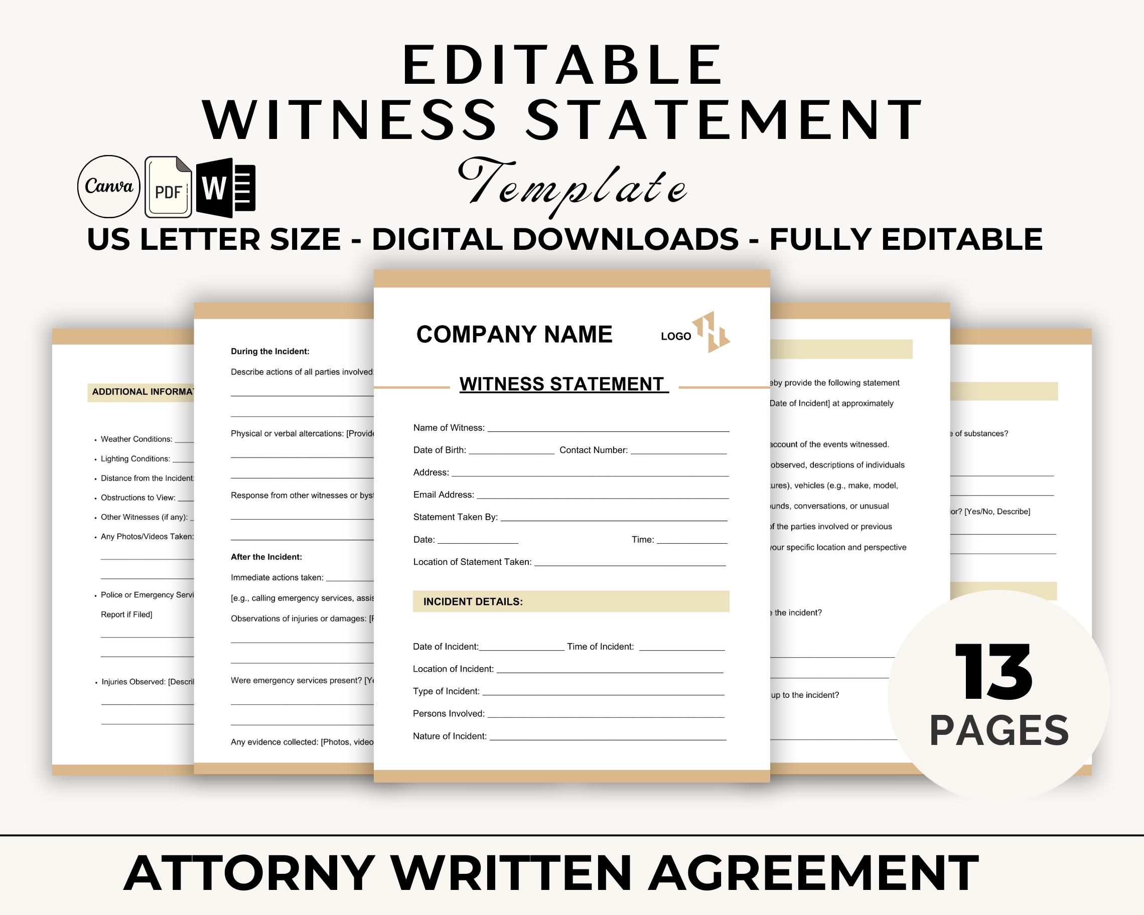 Editable Witness Statement Form | Legal Document for Court Use (canva ...