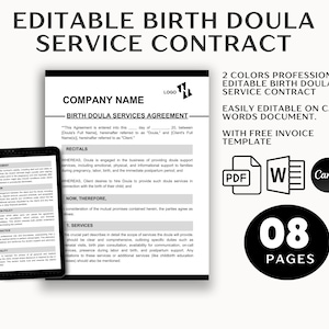 May include: An editable birth doula service contract template. The document is easily editable on Canva and Word, with a free invoice template. The design includes 8 pages and is available in 2 colours.