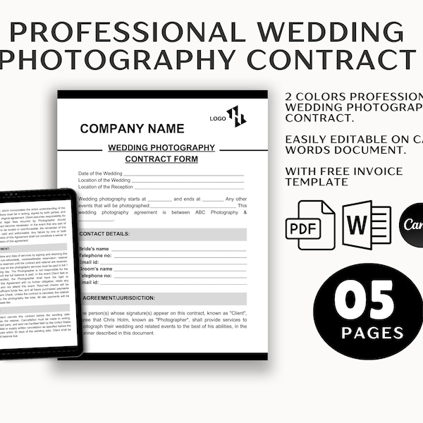 Wedding Photography Contract & Forms | Custom Shot List, Bridal Checklist | Freelance Photographer | videography form | videography contract