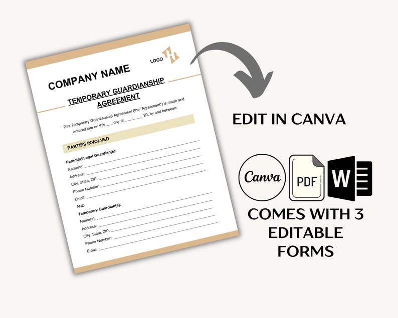 Editable Temporary Guardianship Agreement Template | Canva, PDF, Word ...