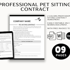Plantilla de factura de acuerdo comercial de contrato de establecimiento de mascotas y cuidador de mascotas / guardería para perros, cuidador de gatos, formulario de nuevo cliente / boleta de calificaciones para perros