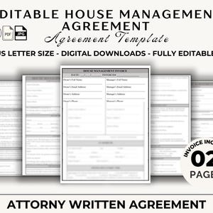 May include: Editable House Management Agreement Template, a two-page document with a black and white design. The document includes sections for the owner's and manager's information, including names, addresses, and phone numbers.