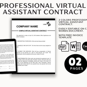 Peut inclure: Une image en noir et blanc d'un modèle de contrat d'assistant virtuel professionnel. Le modèle est facilement modifiable sur Canva et comprend un modèle de facture gratuit. Le texte sur l'image indique "2 Colors Professional Virtual Assistant Contract", "Easily Editable on Canva, Words Document", "With Free Invoice Template", "02 Pages", et "PDF", "W", "Canva".
