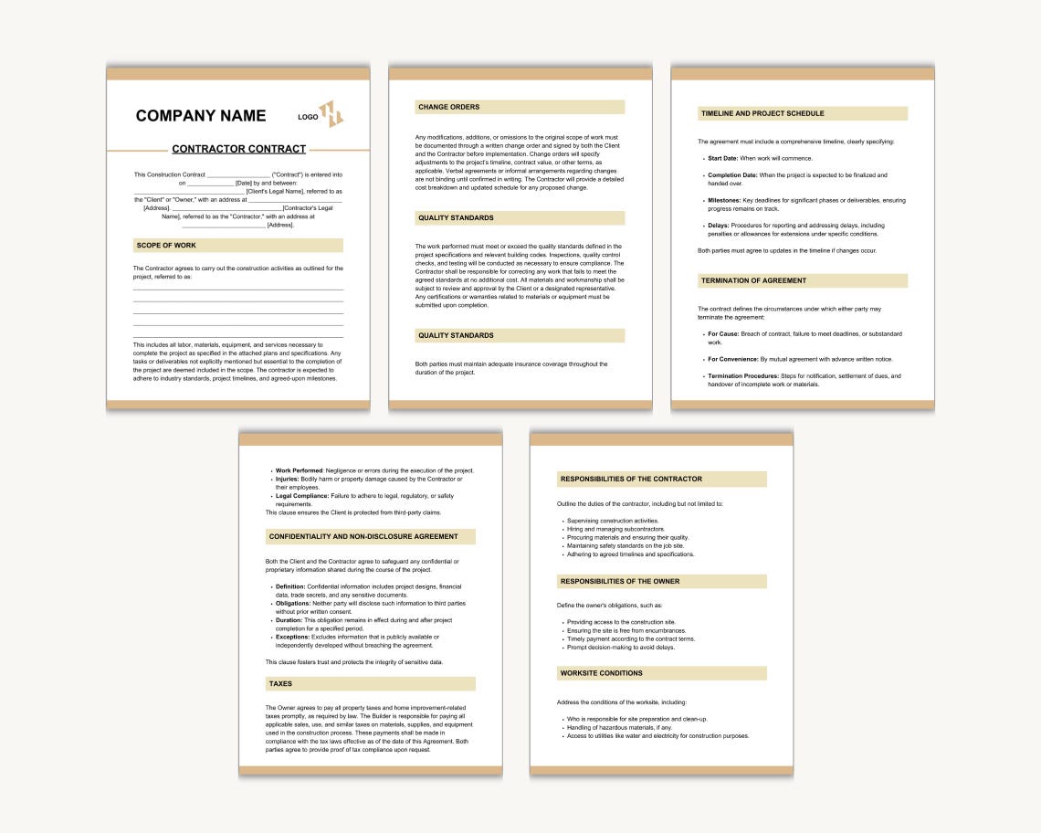 Editable Contractor Contract Template | US Letter (digital Download) - Etsy