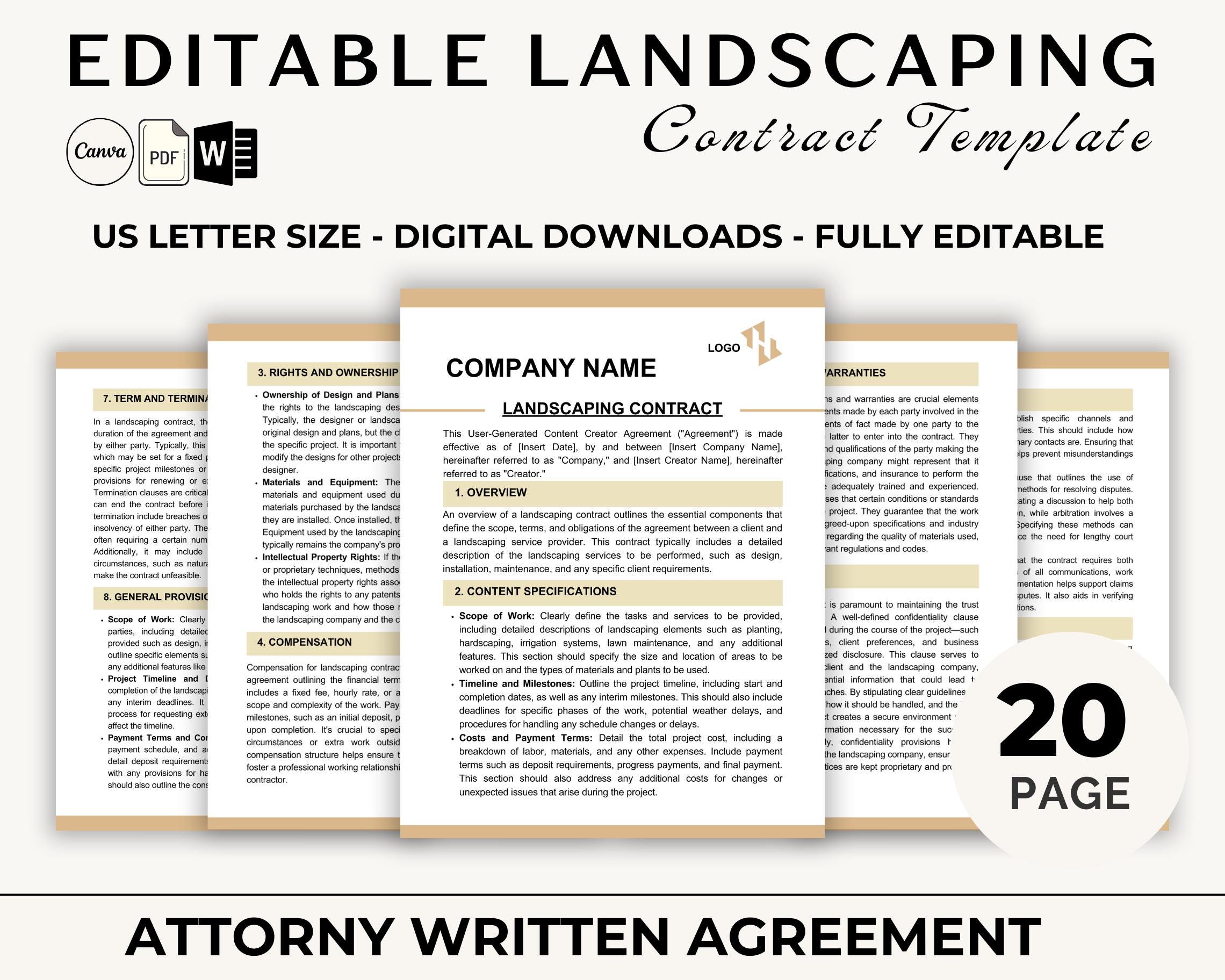 Editable Landscaping Contract Template for Managing Projects - Instant ...