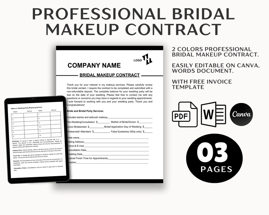 Bridal Makeup Contract &amp; MUA Agreement | Wedding Beauty | Client Intake ...