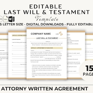 May include: Editable Last Will & Testament template in US Letter size. This digital download includes 15 pages and is fully editable. The template features a company name, logo, and sections for specific bequests, residual estate, and appointment of executor.