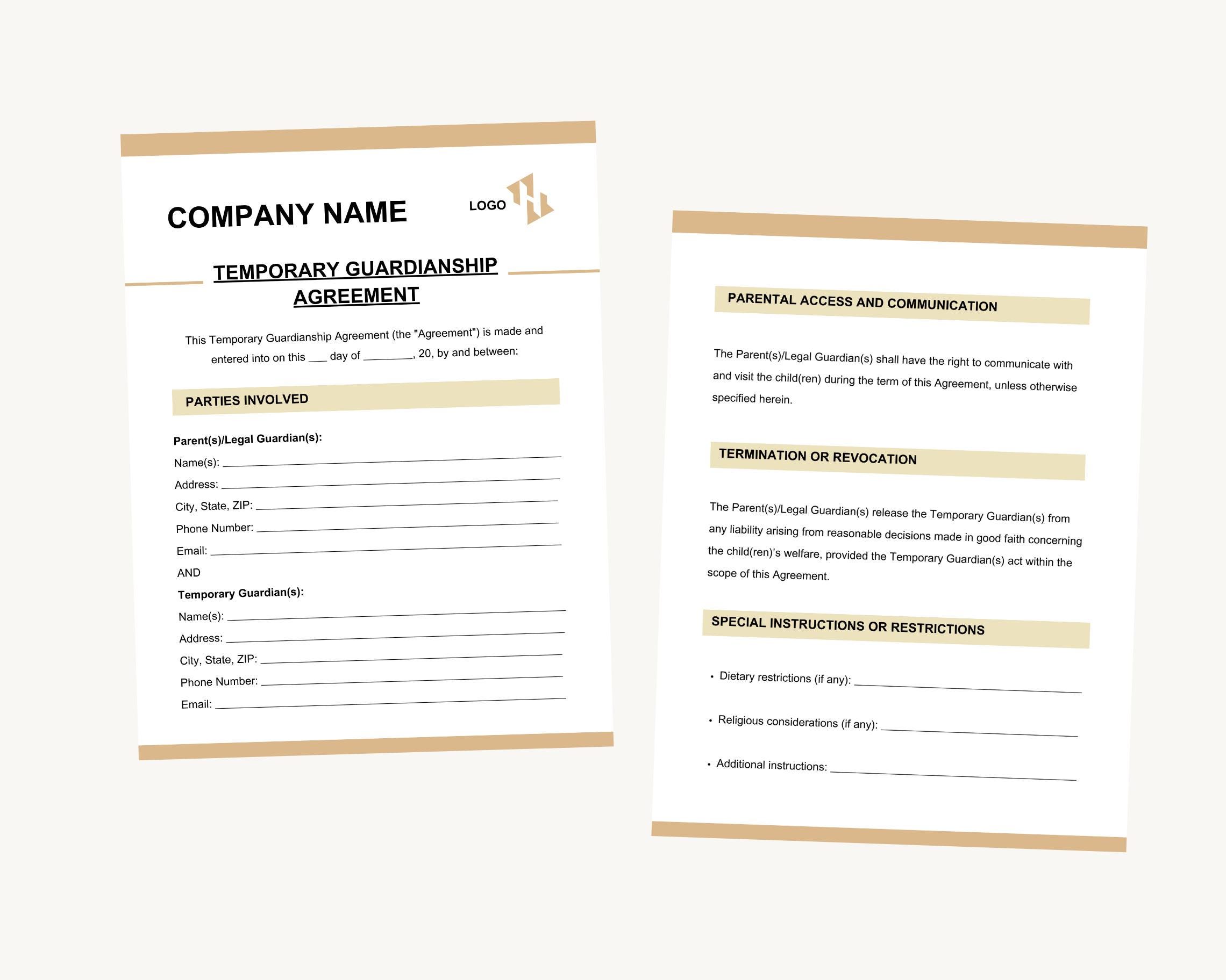 Editable Temporary Guardianship Agreement Template | Canva, PDF, Word ...