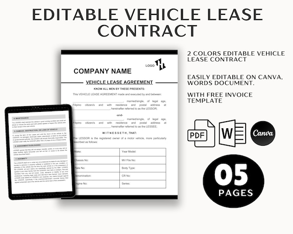 Editable Vehicle Lease Contract Template | Car Rental Agreement (PDF, DOC, Canva)