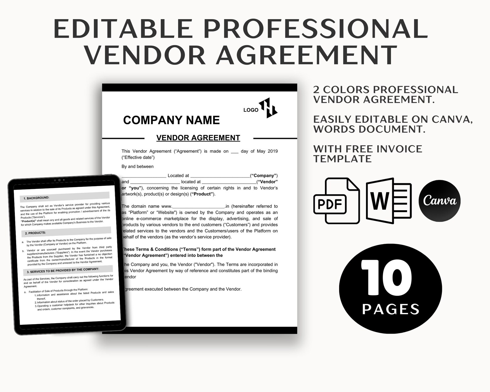Editable Vendor Agreement Template | Legal Contract (PDF) - Etsy